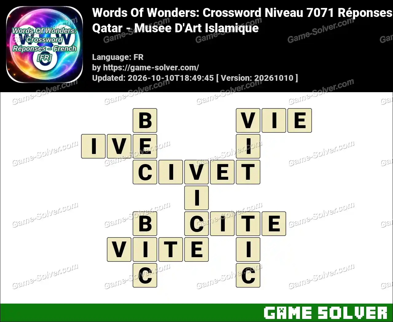 Words Of Wonders: Crossword Niveau 7071 Réponses – Qatar – Musee D’Art Islamique